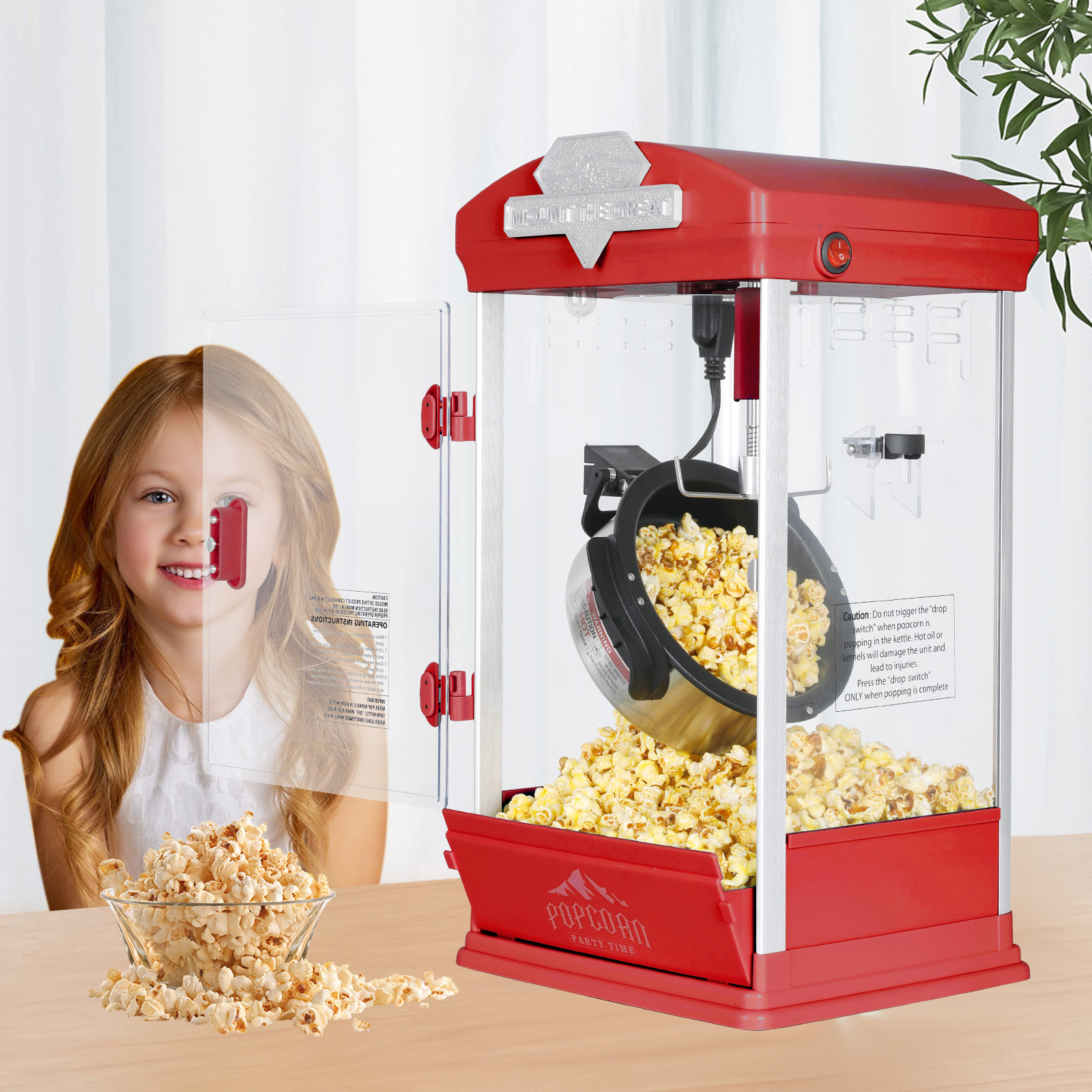 Yoneston 8 oz Commercial Countertop Popcorn Machine, 600W Kettle Popcorn Maker, Container Produces 2 Gallon per Cycle, Comes with 3 Ladles for Home Moive Parties, Red