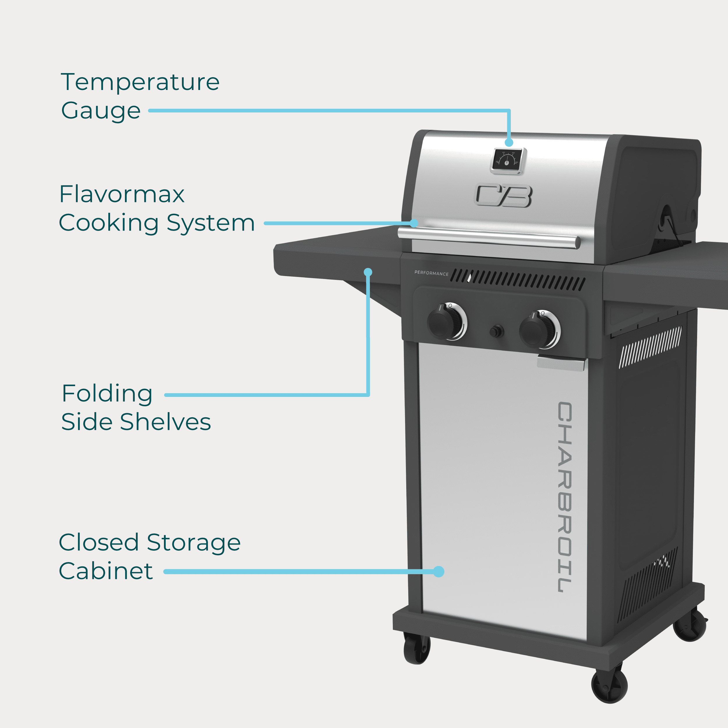Charbroil Performance Series™ FlavorMax™ 2 Burner Gas Grill Cabinet with Foldable Side Shelves, Stainless Steel