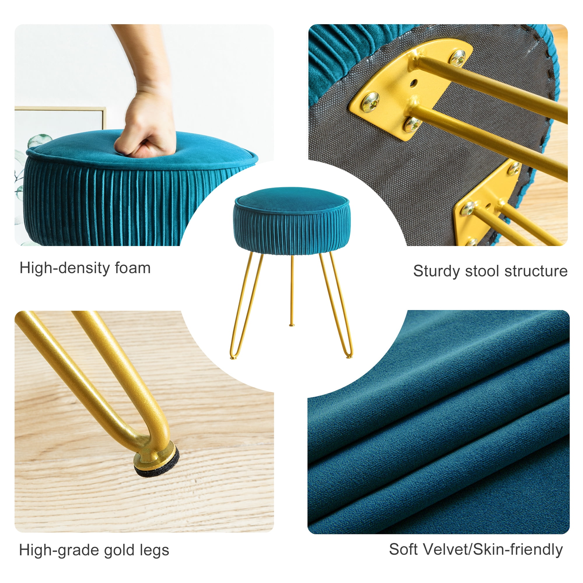 Dycanpo Blue Vanity Stool Vanity Chair with Velvet Upholstered, Metal Legs for Living Room, Adult