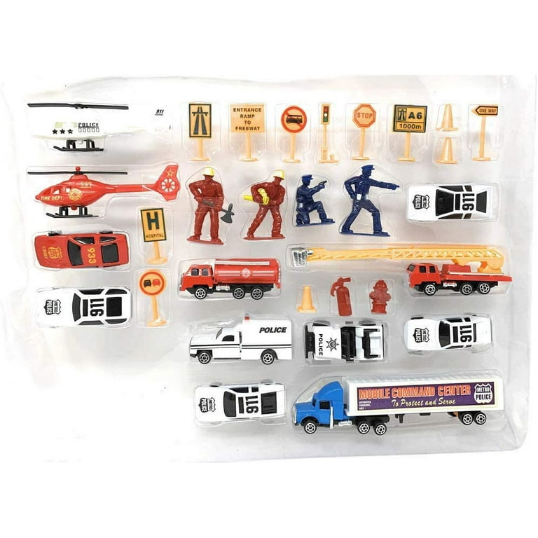 Boston Novelties Die Cast Fire and Police Emergency Toy Set Kids Play Set  with 31 Pieces of Kids Emergency Toys to Create The Perfect Imaginitive  Emergency Scene 