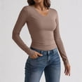 thumbnail image 2 of Nestiefly Long Sleeve Shirts for Women Fall Fashion V Neck Crop Tops Soft Stretchy Thermal Base Layer Undershirt Light Brown L, 2 of 6