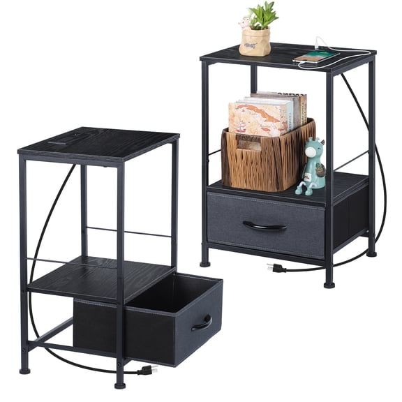 Set of 2 Black 3-Tier Nightstands with Charging Station, End Tables with Fabric Drawer and Open Shelf for Bedroom Living Room
