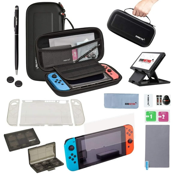 EVORETRO Accessories Kit for Nintendo Switch | Bundle Set with Travel Case, Game Card Holder, Thumb Grip, Tempered