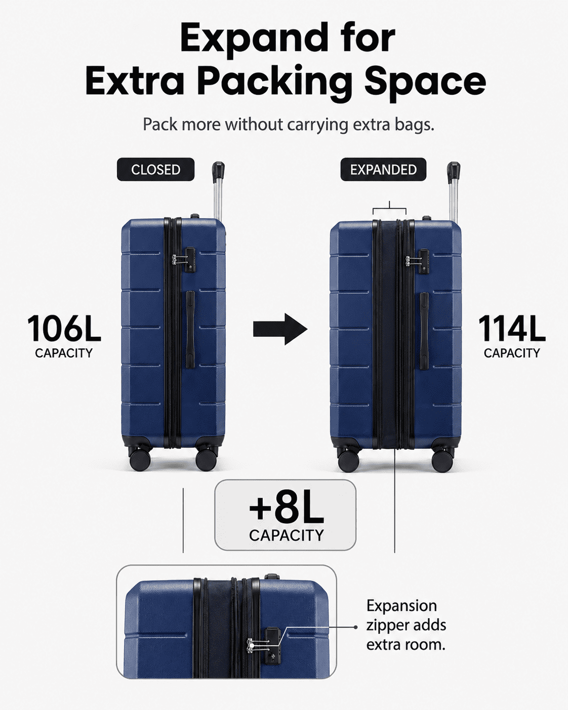 28" Checked Large Expandable Luggage,Hardside Spinner Suitcase with TSA Lock, Blue - EX-Lite