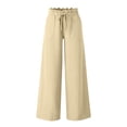 thumbnail image 3 of Miluxas Women's Paperbag Waist Wide Leg Pants Solid Color High Waist Drawstring Work Casual Trousers with Pockets for Vacation Travel Khaki, 3 of 5