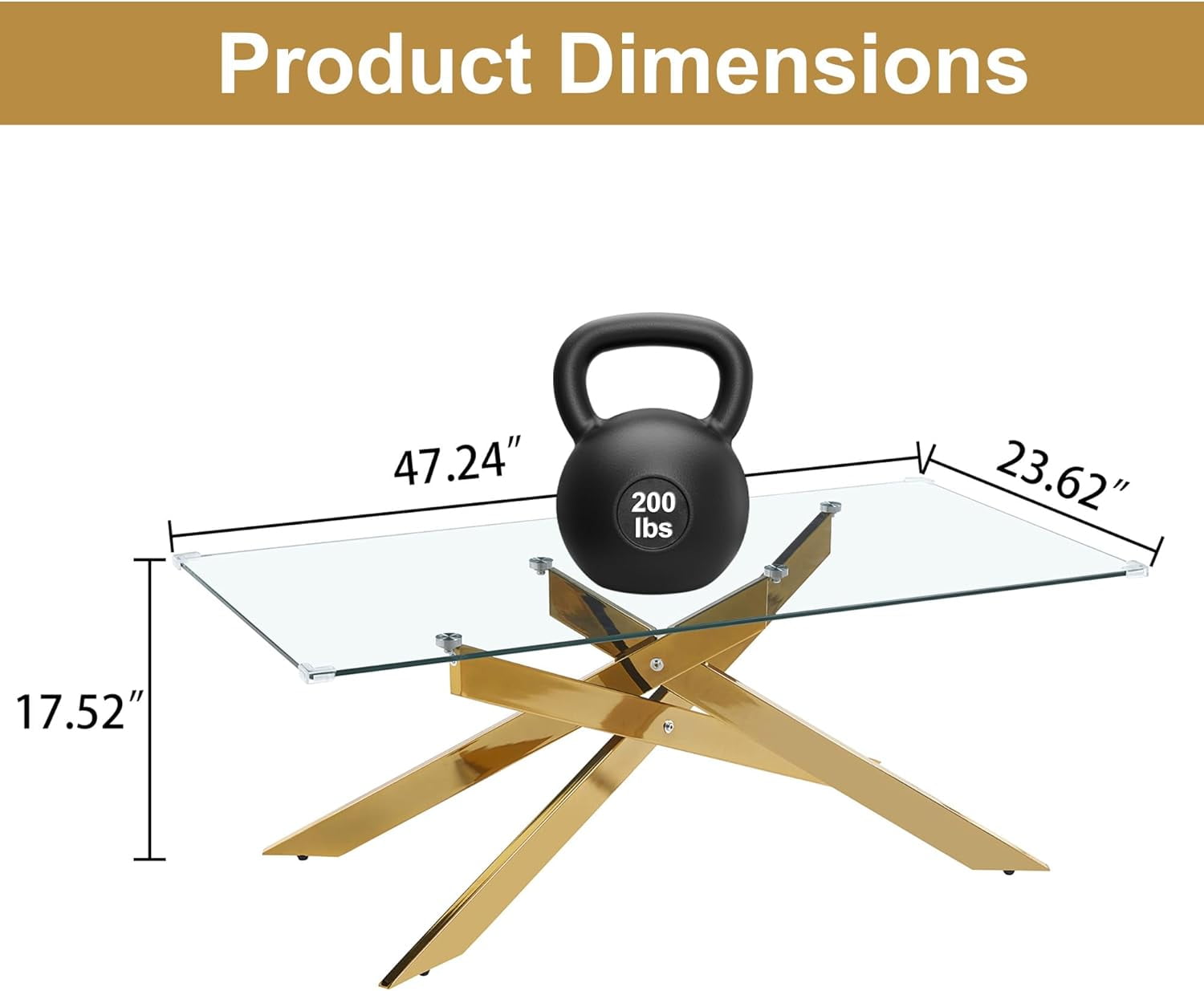 Rectangle Modern Coffee Glass Table, Tempered Glass Top and Gold Plated Metal Leg for Living Room Home Office