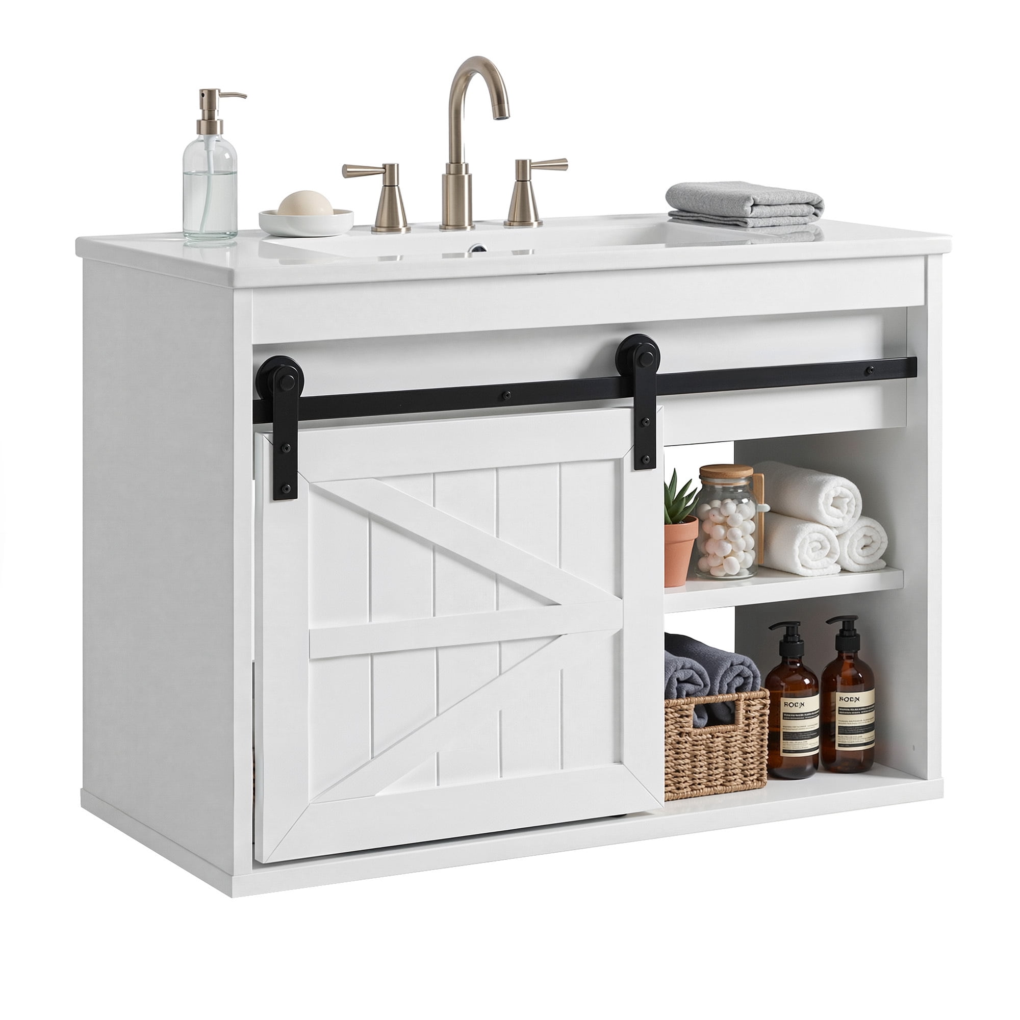 Uforic 24 Inch Farmhouse Floating Bathroom Vanity with Ceramic Sink, 7-Color LED Ambient Light & Sliding Barn Door for Small Compact Bathroom Spaces, White