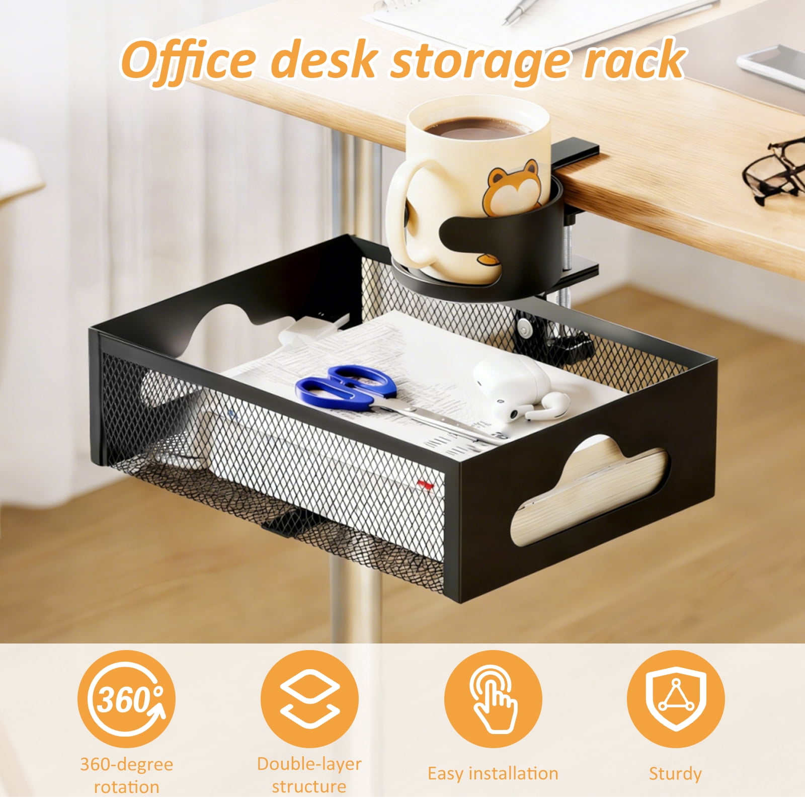 Under Desk Storage Organizer with Cup Holder, 360° Rotating Mesh Desk Drawer with Cable Hole, No Drill Clamp On for Office Supplies Coffee Mug Headphone and Phone, Black