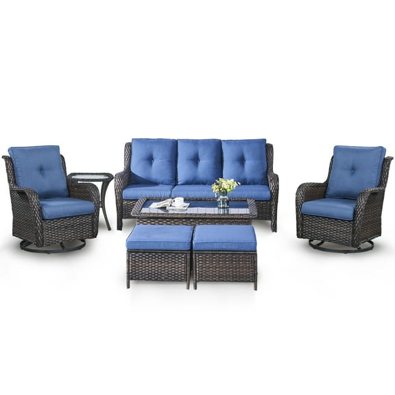 POCASSY Outdoor Patio Furniture Set, Wicker Rattan Sofa,Rocking Chair,Ottoman And Table Set. (Set Of 7 Pieces)