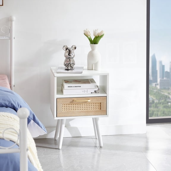 White 15.75" Rattan End Table, 1 Drawer, 11.81"W x 22.05"H, Solid Wood Legs for Living Room & Bedroom