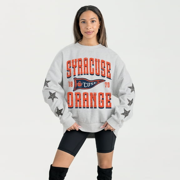 Women's Gameday Couture Ash Syracuse Orange Oversized Pennant Pride Rhinestone Star Sleeve Sweatshirt