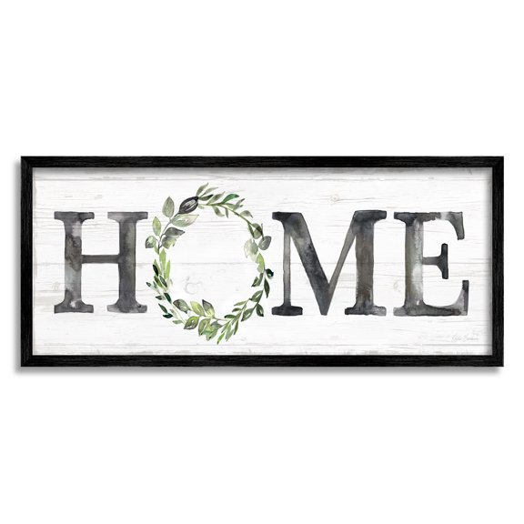 Stupell Industries Weathered Pattern Home Sign Botanical Wreath Greenery Graphic Art Black Framed Art Print Wall Art, Design by Kristen Brockmon