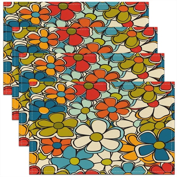 Retro Hippie Flower Table Place Mats 18"x12" 60S 70S Groovy Washable Fabric Table Mat Placemat Cartoon Vintage Boho Plant Floral Botanical Placemat Kitchen Dining Table Green Blue Table Mat