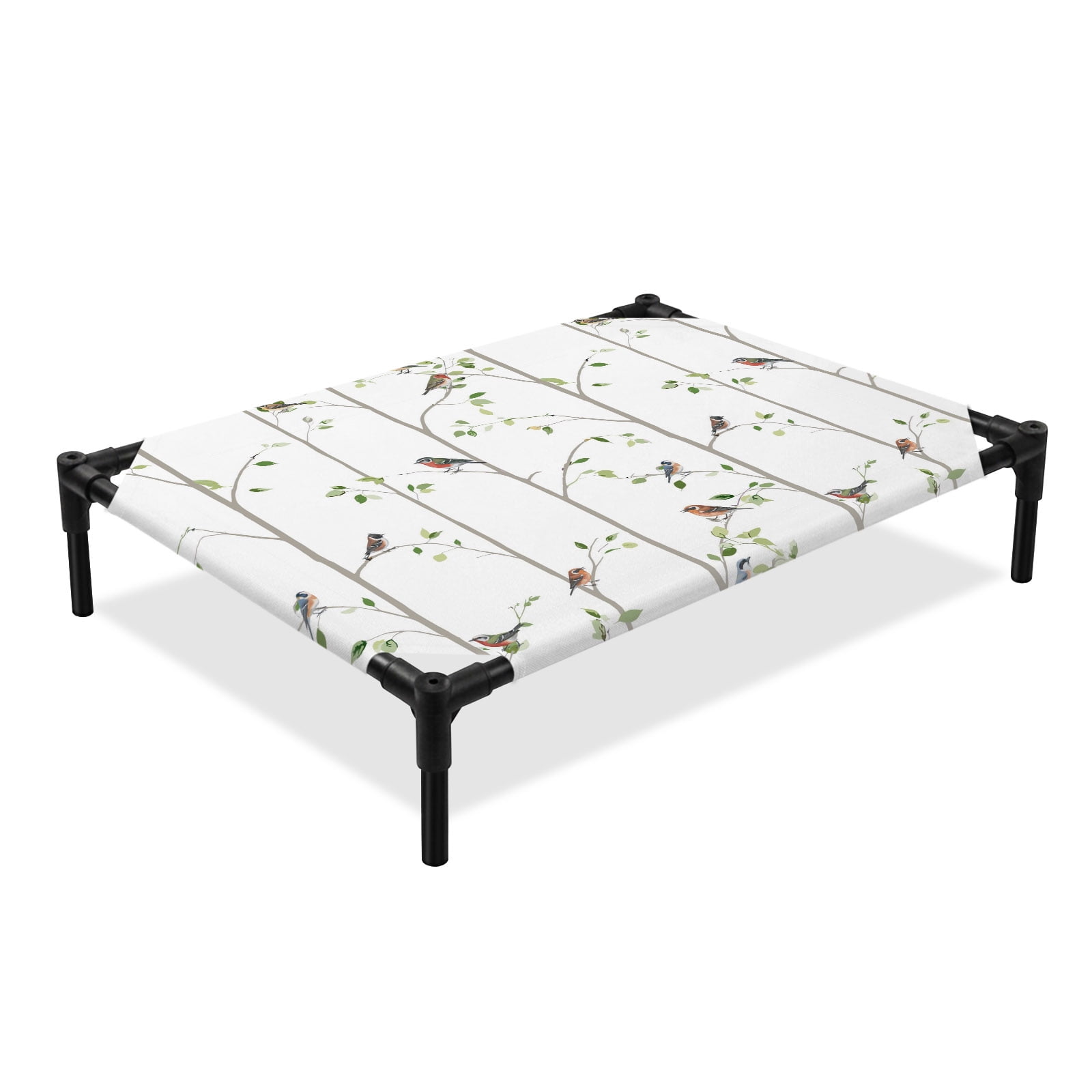 Green Leaf Elevated Dog Bed Vintage Spring Green Leaf Branches Plant Birds Cooling Breathable Outdoor Raised Dog Cot Bed with Metal Frame Non-Slip Feet for Large Dog 28x22in