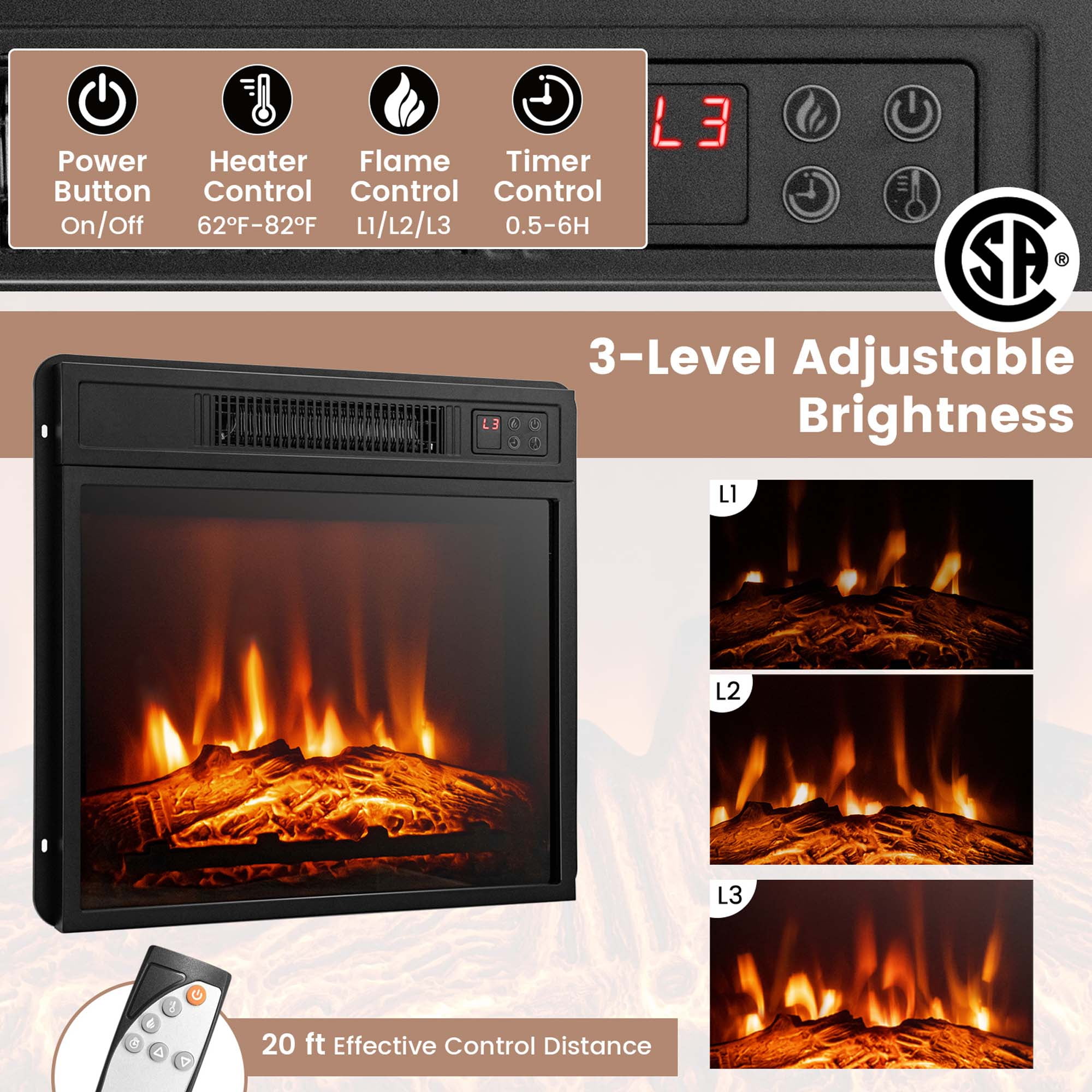 Costway Fireplace TV Stand with Led Lights & 18'' Electric Fireplace For 65" Wall-Mounted TV Dark Brown