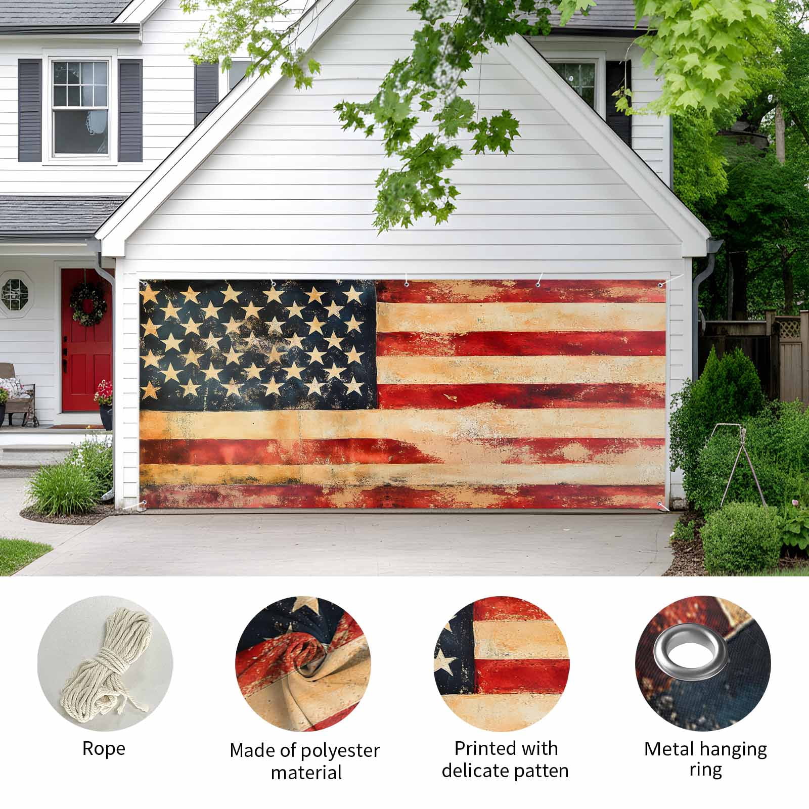 Retro American Flag Garage Door Cover Banner 7 x 8 FT, Vintage Red Strip Star US Flag Garage Door Curtains Backdrop with Grommets for Indoor Outdoor Wall Party Porch Yard Decorations Background