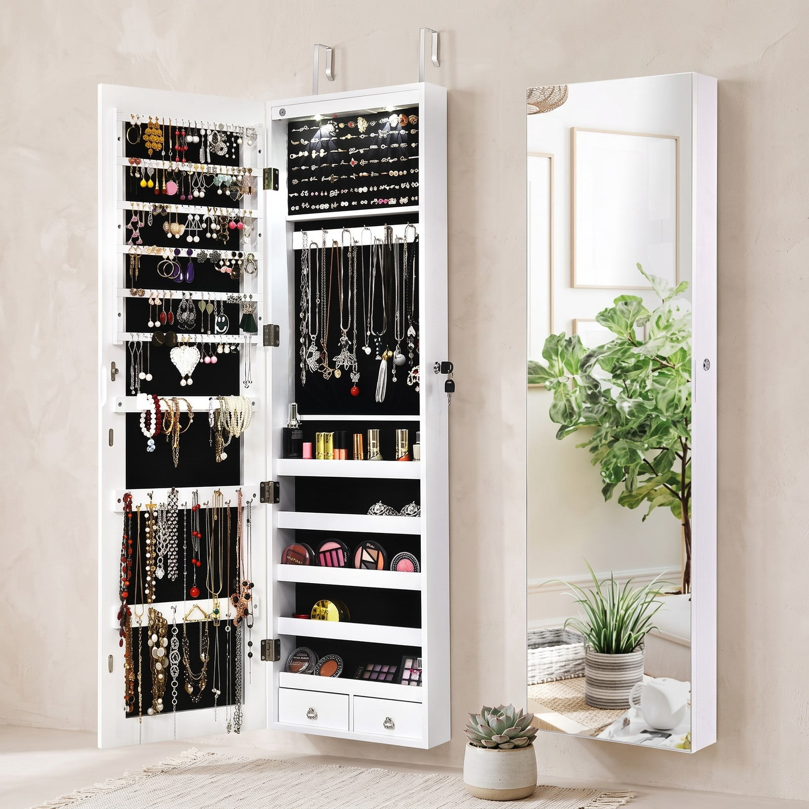 Furnibear Lockable Wall and Door Mounted Jewelry Cabinet with Full-Length Mirror and LED Lights for Bedroom Ring and Necklace Storage, White