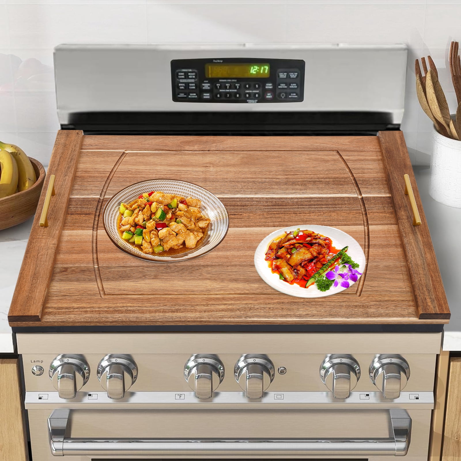 30x22in Wooden Stovetop Cover Log Color, Removable Handles Smooth Edges for Safety Works on Electric/Gas Stoves as Prep Tray