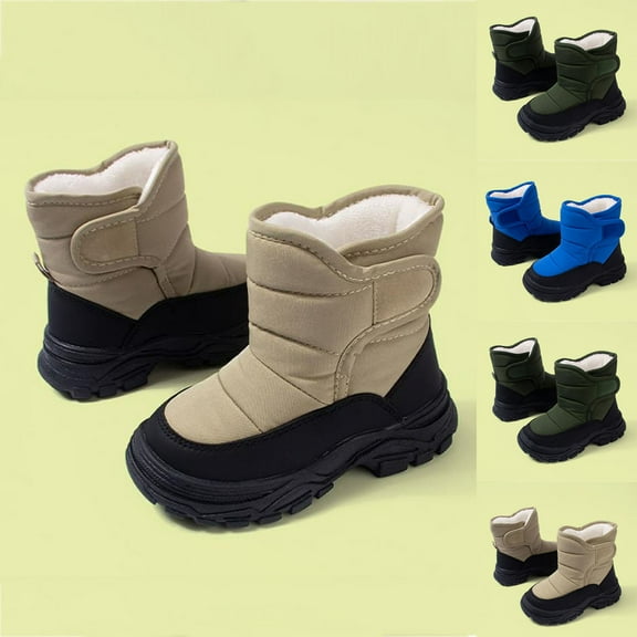 Puntoco Kids Snow Boots Winter Boots Waterproof Fur Lined Warm Lightweight Ankle Boots High Top Slip On Anti-Slip Casual Outdoor Shoes Booties Winter Snow Boots for Kids Khaki 13-14Years