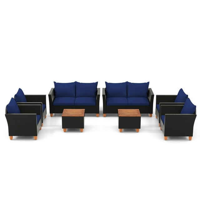 Gymax 8 PCS Wicker Patio Furniture Set w/ Removable Cushions Storage Coffee Table Navy