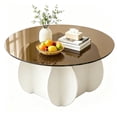 thumbnail image 3 of 27.5 Inches/31.5 Inches Round Coffee Table, Tempered Glass Top Mid Century Modern Coffee Table, Center Table with Wood Base for Living Room, Office, 3 of 11