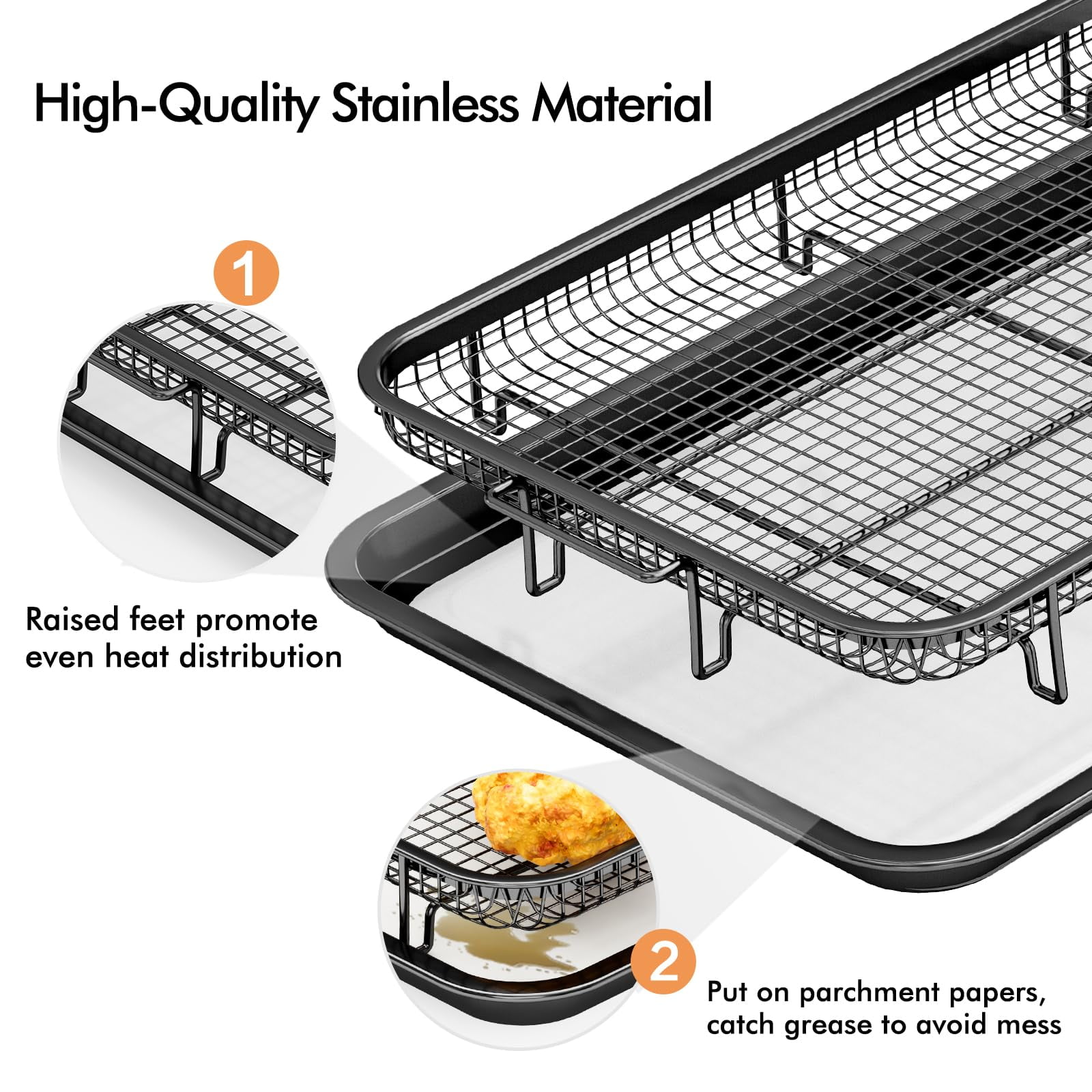 Air Fryer Basket for Oven,Oven Air Fryer Basket and Tray with 50 PCS Parchment Papers,2 Set Stainless Steel Air Fryer Pan and Crisper Tray for Baking Grilling (Black)