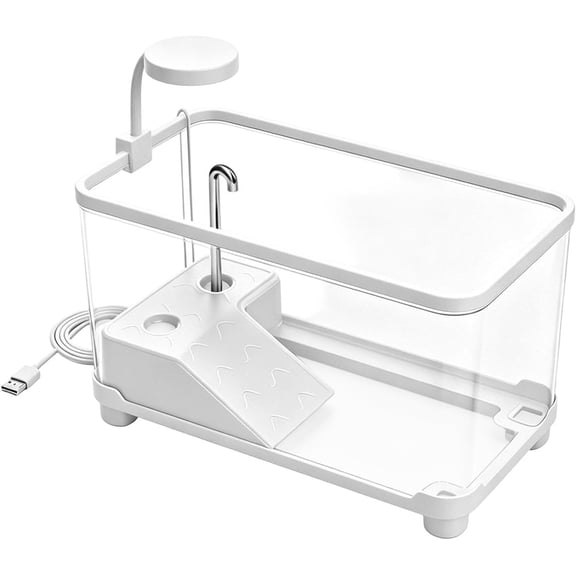Clear Turtle Tank Aquarium Terrarium with Basking Platform, Small Reptile Habitat Enclosure Kit with Water Pump and LED Light for Baby Turtles, Crabs, 9.17 x 8.46 x 9.45 in(White)