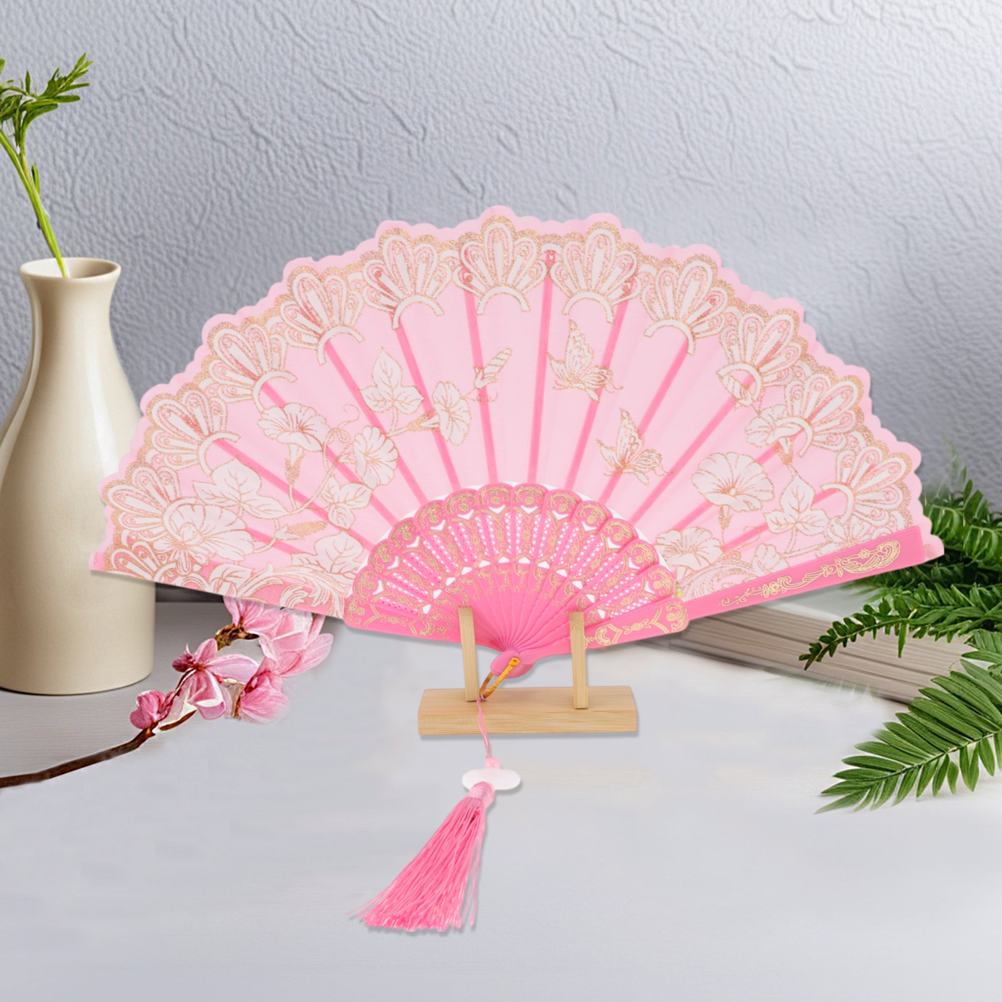 Unique Bargains Tassel Folding Fan 1 Pc for Weddings Parties Pink