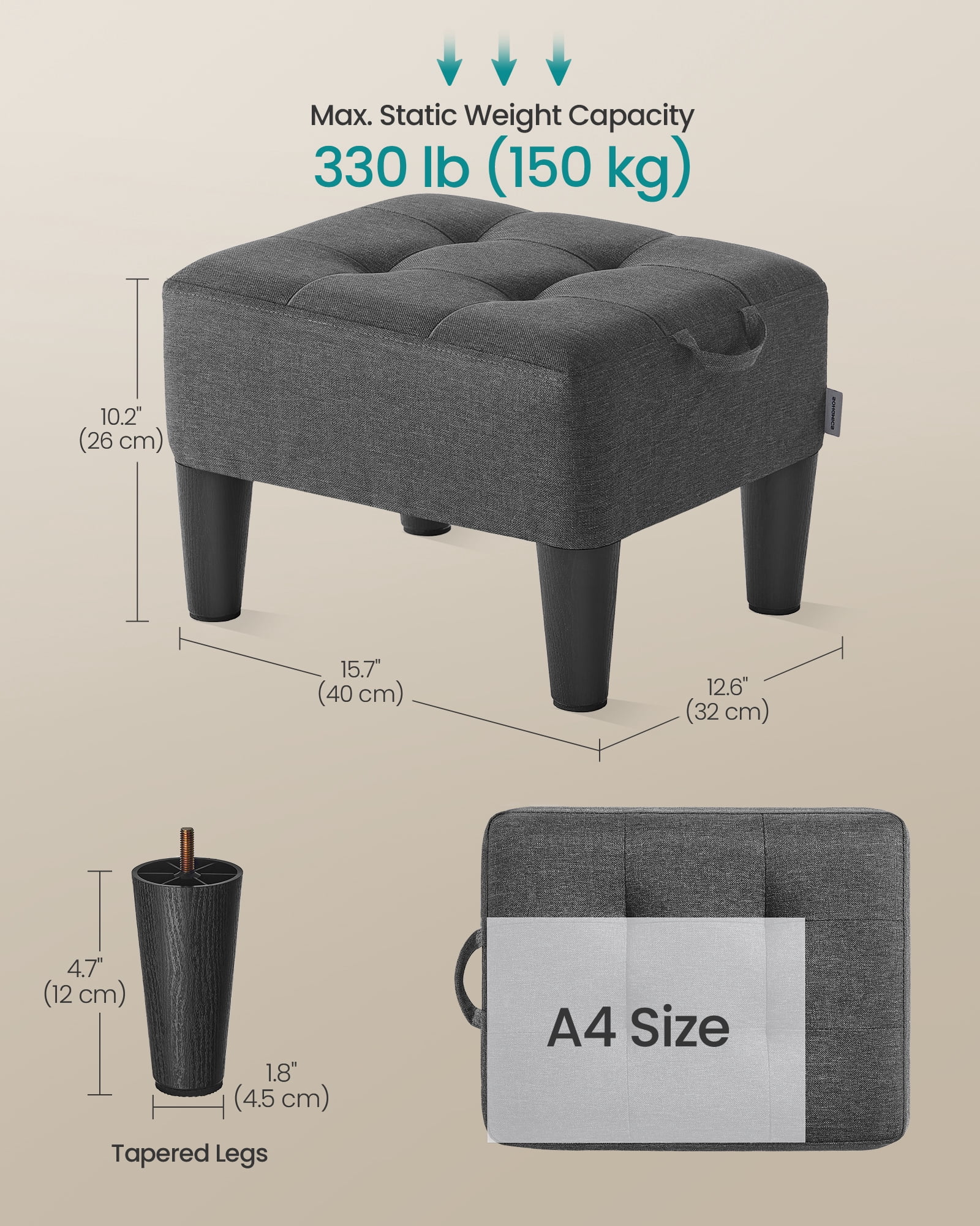 Foot Stool Ottoman with Legs - Linen-Look Fabric Seat, 330 lb Capacity, Hidden Storage, for Living Room/Bedroom, Dark Gray