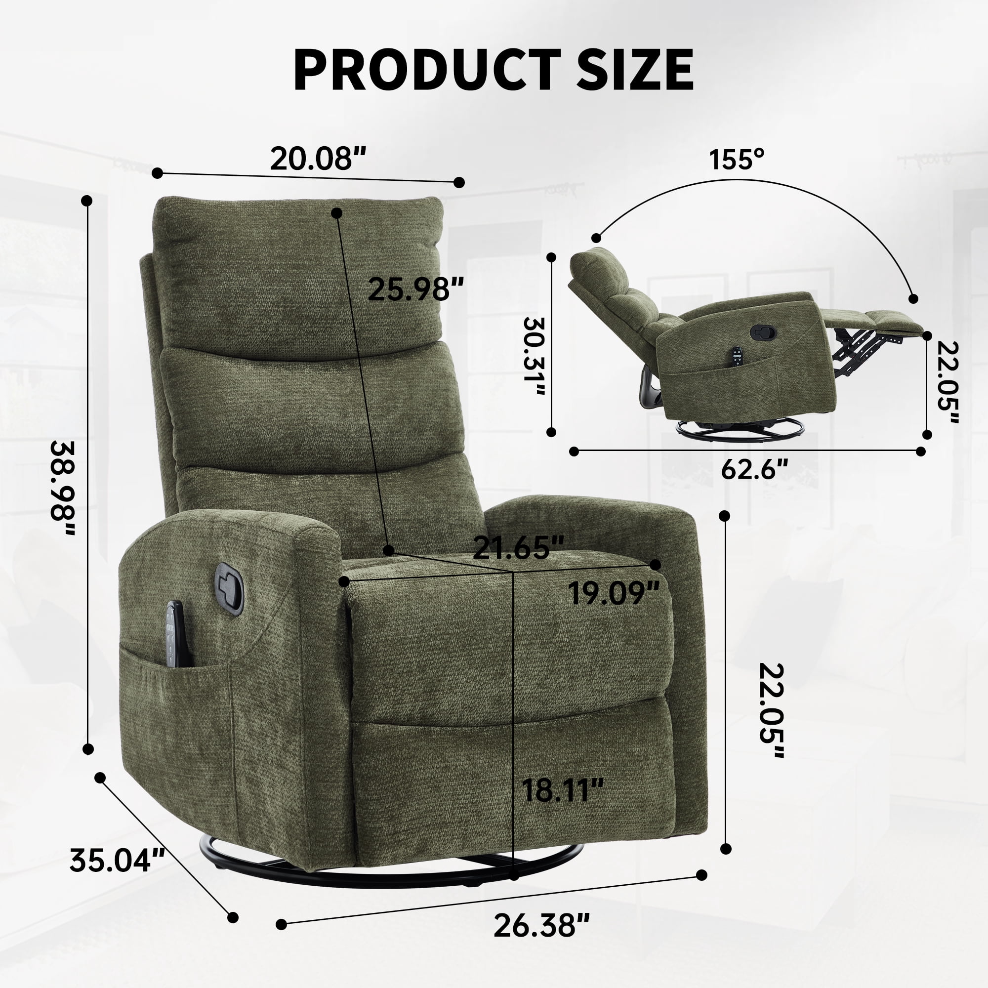 Aukfa 360° Swivel Recliner Rocking Chair with Massage and Heat for Living Room & Nursery, Chenille, Green