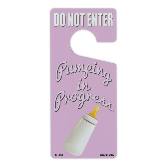Door Knob Hanger, Metal, Do Not Enter, Pumping in Progress, Pink, 4" x 9"