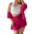 thumbnail image 3 of Yunliwuli Women Summer Clothes Set Solid Color Pleated Long Sleeve Shirt and Casual Drawstring High Waist Shorts Clubwear, 3 of 10