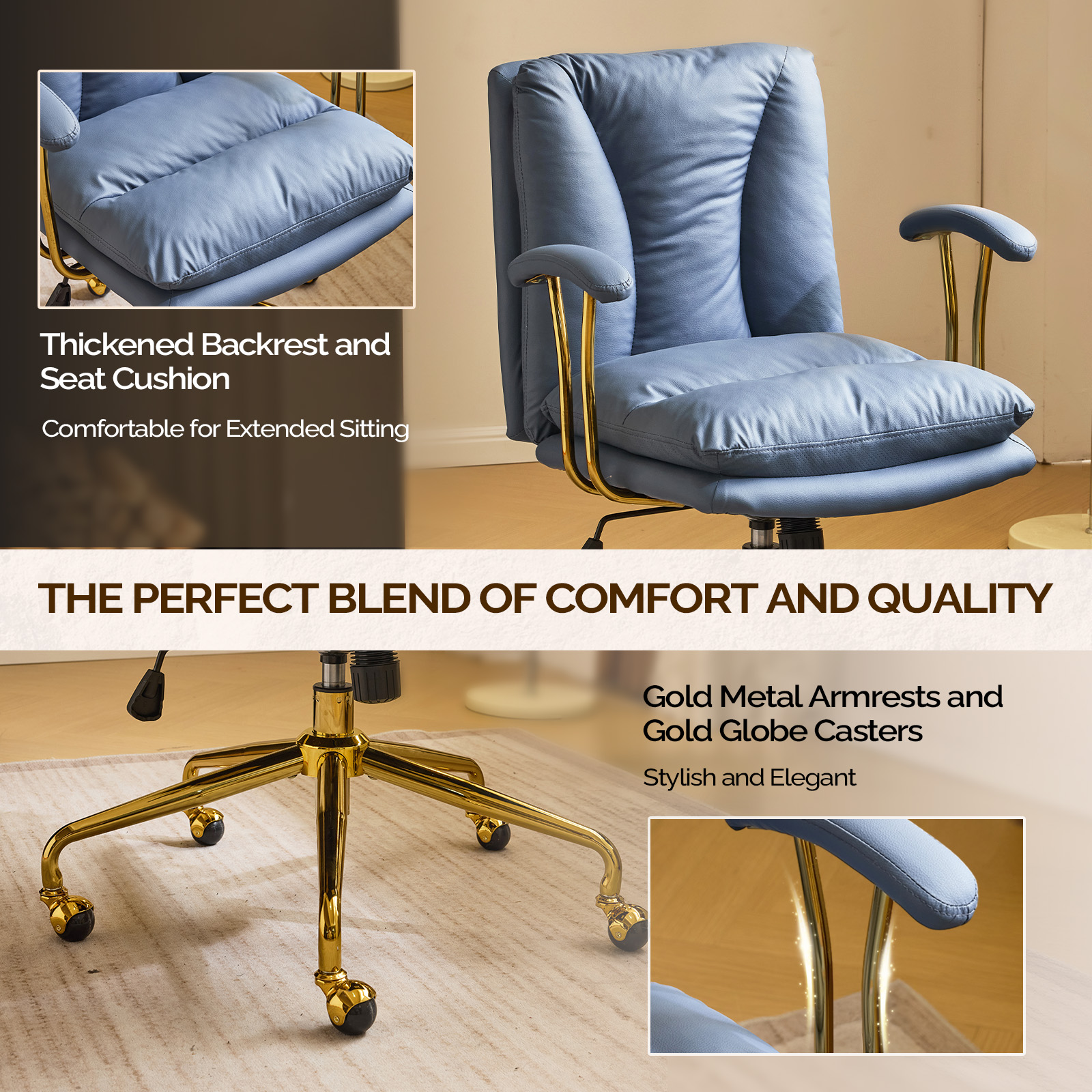 Ktaxon Office Chair High Back Study Chair Faux Leather Adjustable Swivel Vanity Chair with Padded Armrests for Conference and Home Blue