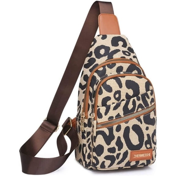 Leopard Print Chest Bag for Women Letter Print Crossbody Sling Backpack with Wide Strap Multipurpose Fanny Daypack (white)