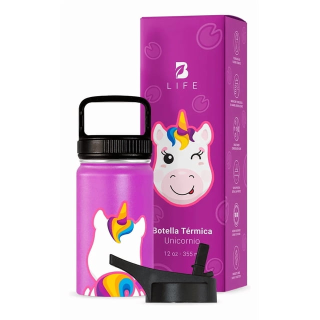 Botella de Agua para Niños 355ml Unicornio | Con Asa, 2 Tapas, 2 Popotes y Cepillo | Libre de BPA | B Life