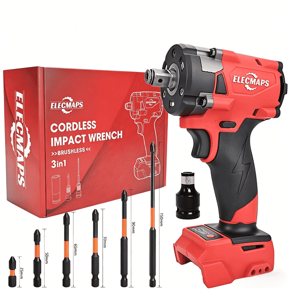 ELECMAPS 3-in-1 Cordless Impact Wrench 1/2 Inch, Brushless 450N.m, 3-Speed, Compatible with Milwaukee M18 Batteries, Set with 6 Magnetic Phillips Bits, Bare Tool Only