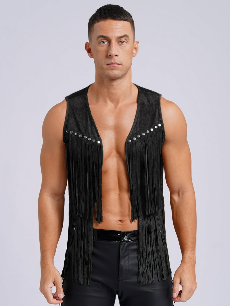 Zaldita Men's Fringe Open Front Vest Jacket Sleeveless Tassel Tops
