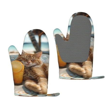 

Hirioo Relaxing Cat With Orange Juice for Silicone Oven Mitts for BBQ Baking Cooking Set of 2 Heat Resistant 260℃ Non-Slip Kitchen Essentials