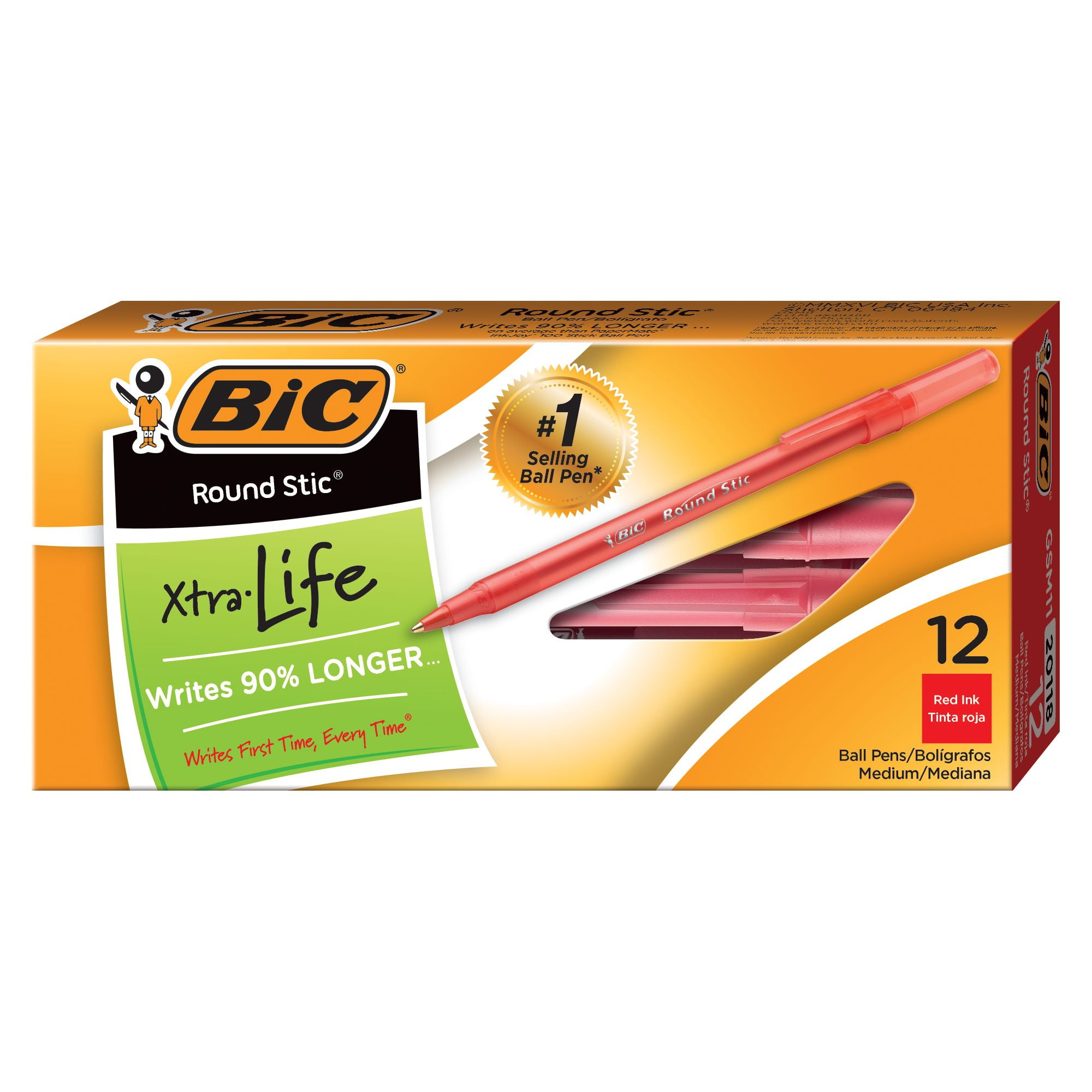 BIC Round Stic Xtra Life Ball Pen, Medium Point (1.0mm), Red, 12 Count,  Flexible Round Barrel for Writing Comfort