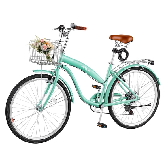 VEVOR Women Bike, 26 in Beach Cruiser Bike, 7-Speed Adult City Bicycle with Carbon Steel Frame, 330 lbs Capacity, Basket, Rear Rack & Dual V-Brakes, Mint Green