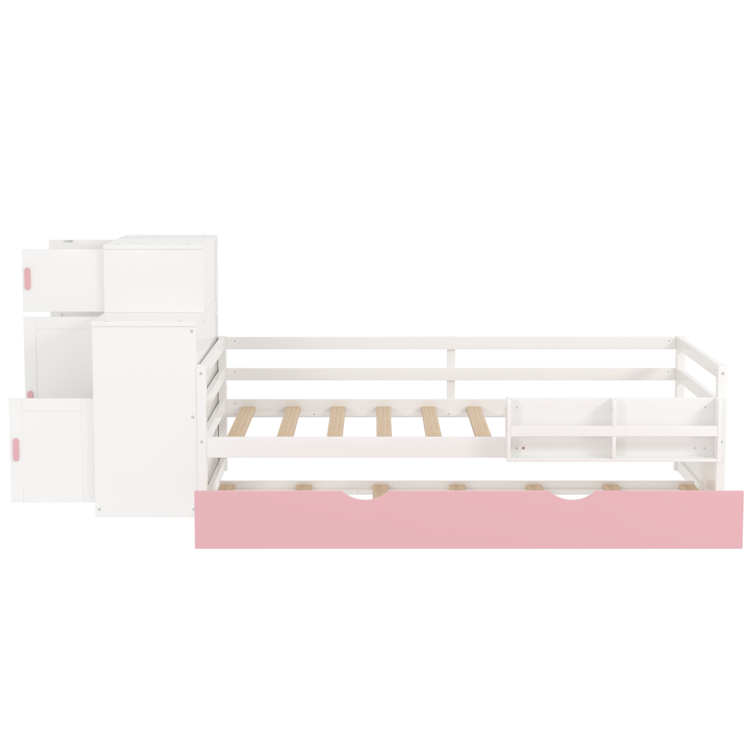 Gewnee Modern Twin Size Wood Platform Bed with Bookshelf and Movable Wardrob Bed Frame