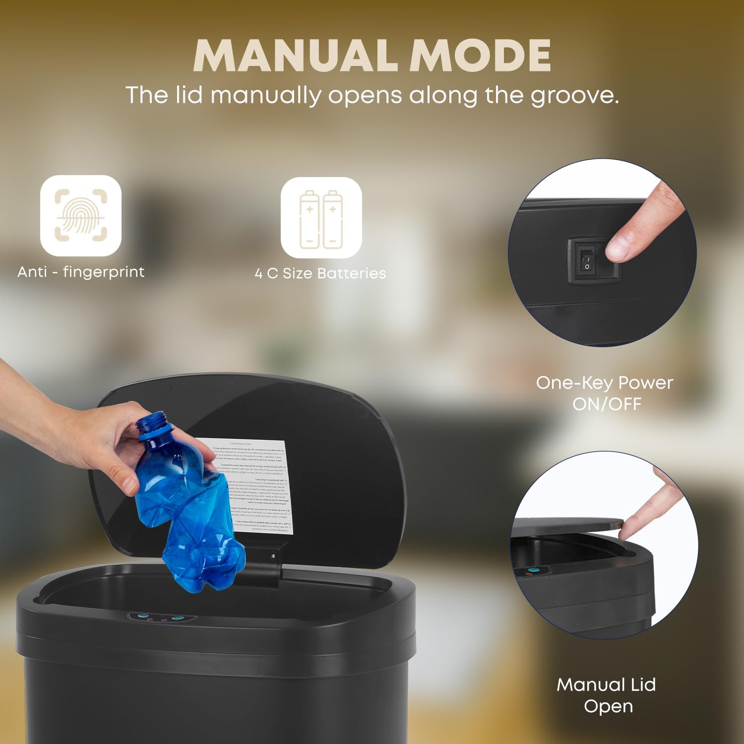 YRLLENSDAN Kitchen Tall Trash Can 13 Gallon Size Touchless Trash Can Motion Sensor Trash Can with Lid Odor-free Automatic Garbage Can 13 Gallon Waterproof Stainless Steel Trash Bin, Black