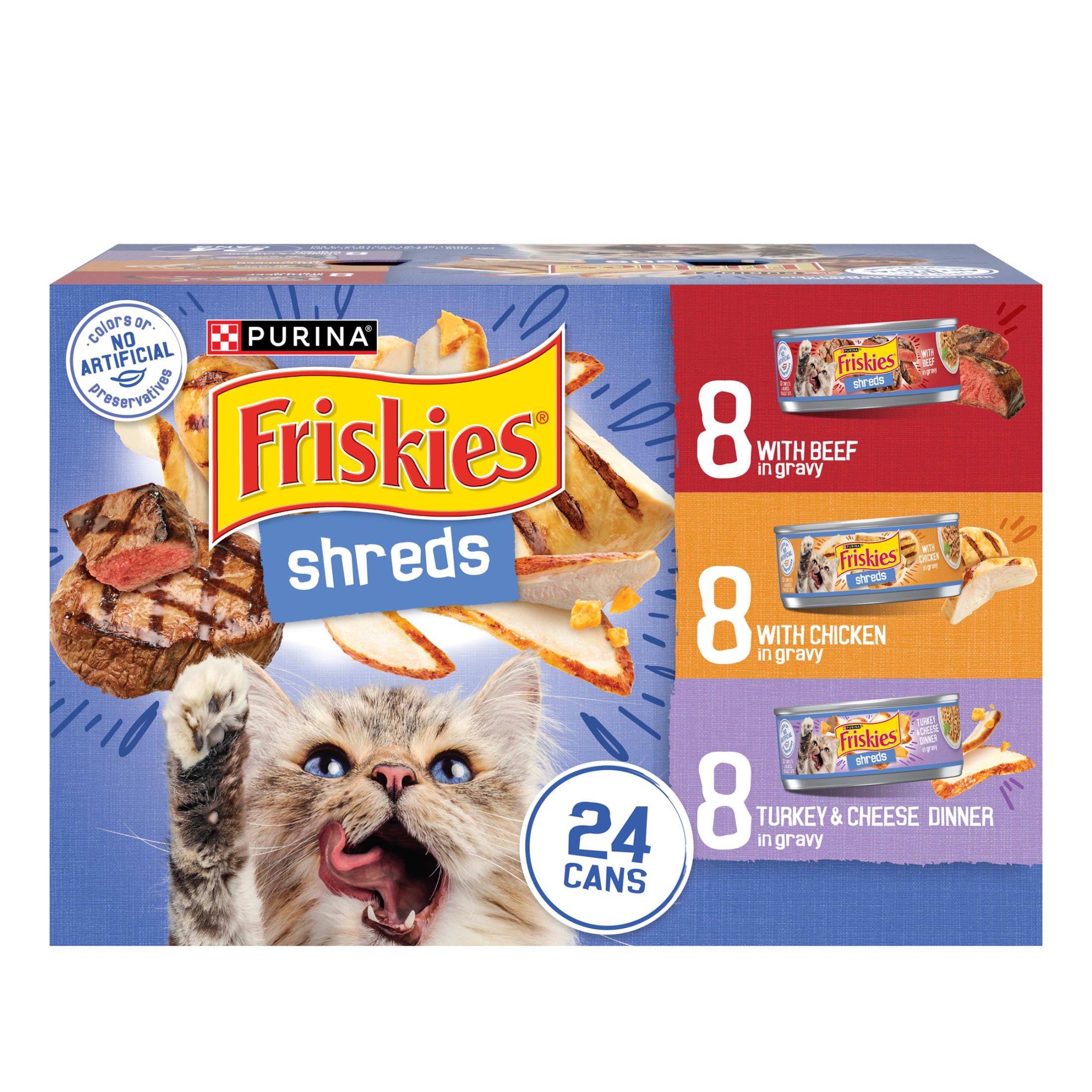 (6 pack) Purina Friskies Gravy Shreds, Beef, Chicken, Turkey and Cheese, Wet Cat Food, 5.5 oz Can
