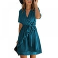 thumbnail image 3 of Women Faux-Wrapped Polka-Dot V-Neck Short-Sleeved High-Waist A-Line Ruffled Hem Plain Belt Short Dress, 3 of 9