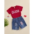 thumbnail image 3 of Suealasg Kids Boys 4th of July Outfit Summer Short Sleeve Letter Print T-Shirt +Elastic Waist Ripped Denim Shorts Toddler Boy Independence Day 2Pcs Clothes Set, 3 of 8