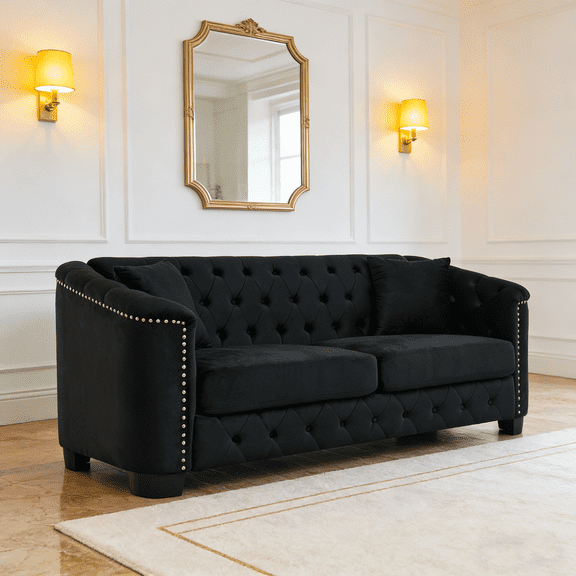 77-Inch Modern Chesterfield Velvet Sofa - 3-Seater with Upholstered Tufted Backrests, Nailhead Trim Arms and 2 Plush Cushions for Living Room, Bedroom, Apartment, Office