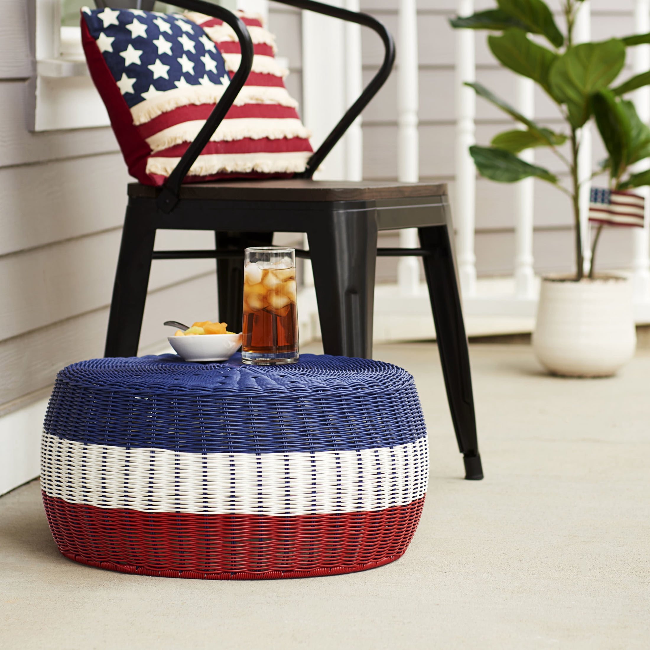 Household Essentials Handwoven Resin Ottoman Table, Blue, White and Red