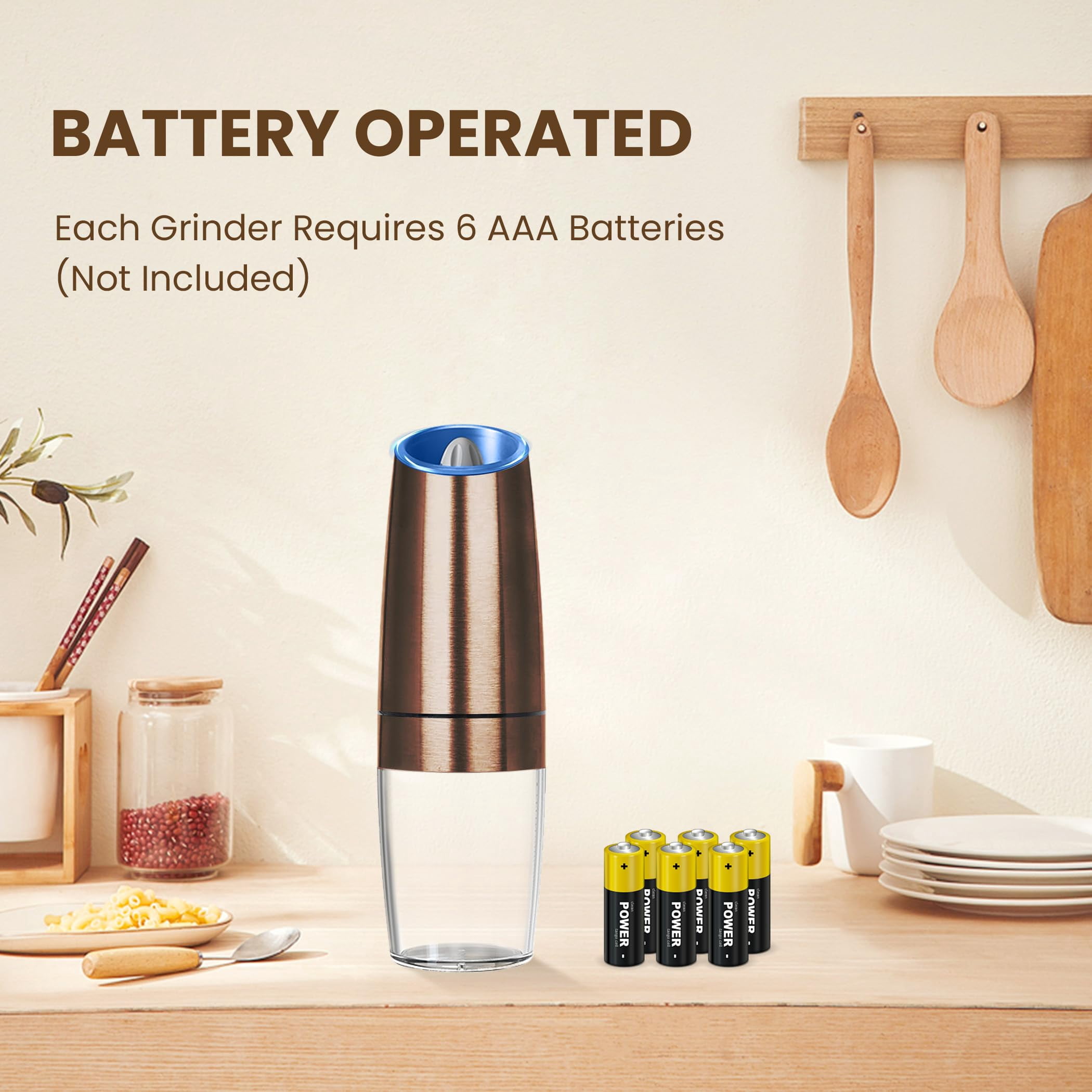 Electric Salt and Pepper Grinder Set, Battery Operated Automatic Grinders with Adjustable Coarseness and LED Light, 2 Pack, Black