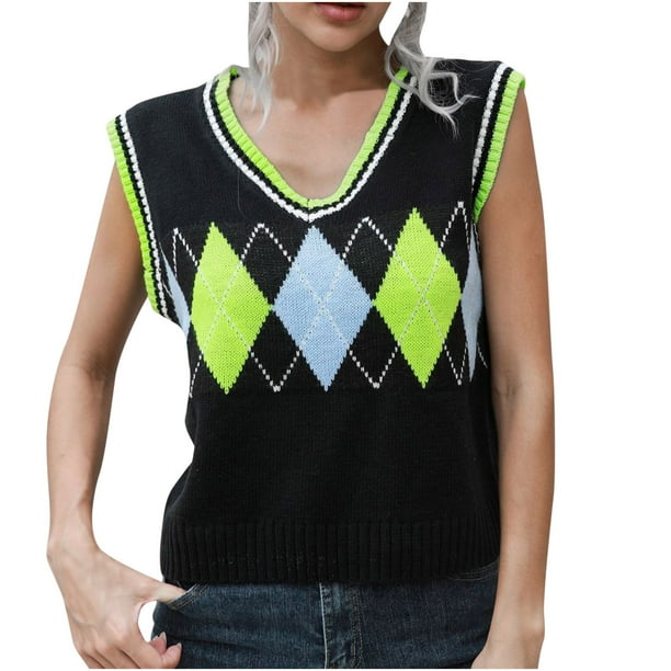 Suéter de punto multicolor con cuello en V para mujer Moda casual Chaleco sin mangas Chaqueta Abrigo Tops Fridja gh7371