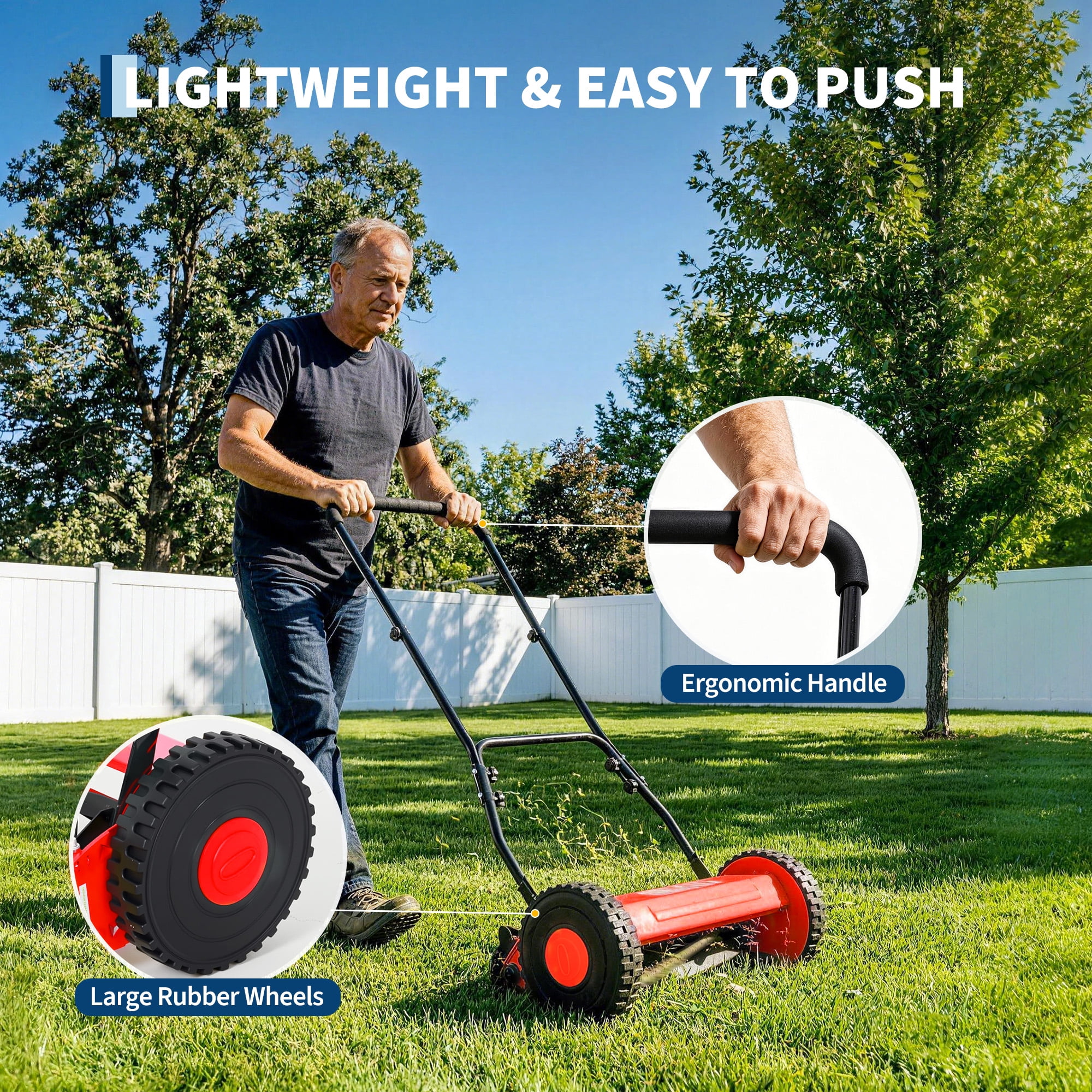 Garvee 16-Inch Manual Reel Lawn Mower, 5-Blade Hand Push Grass Cutter, Adjustable Cutting Height, Lightweight, for Small to Medium Yards, Red